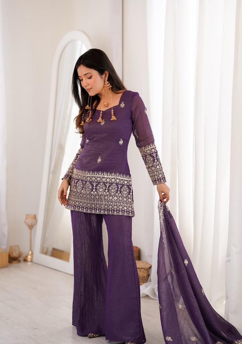 Purple Sequin Work Silk Kurta Set - Indya