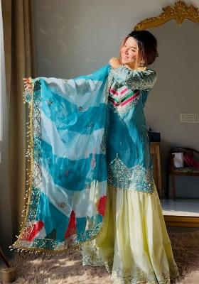 Olive Sequin Work Satin Kurta Set