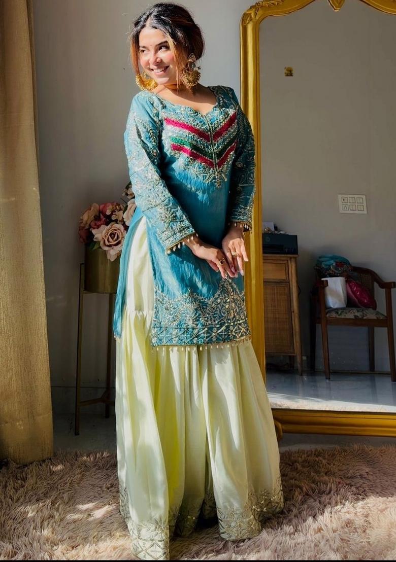 Olive Sequin Work Satin Kurta Set - Indya