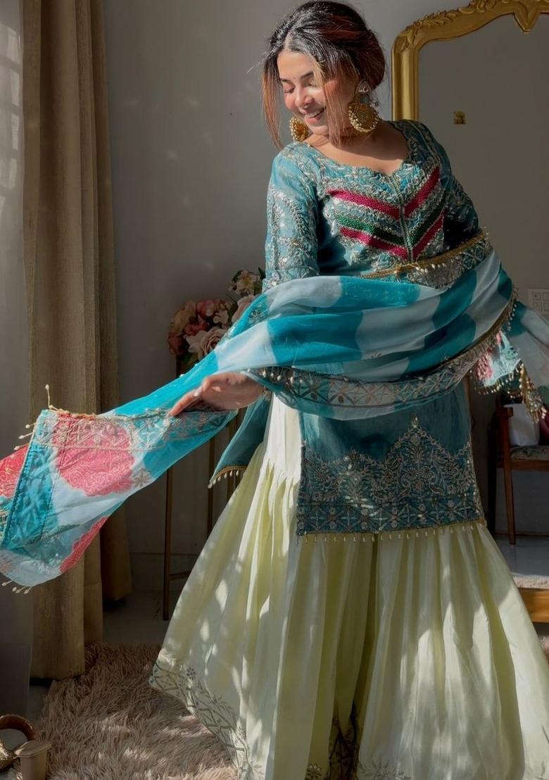 Olive Sequin Work Satin Kurta Set - Indya
