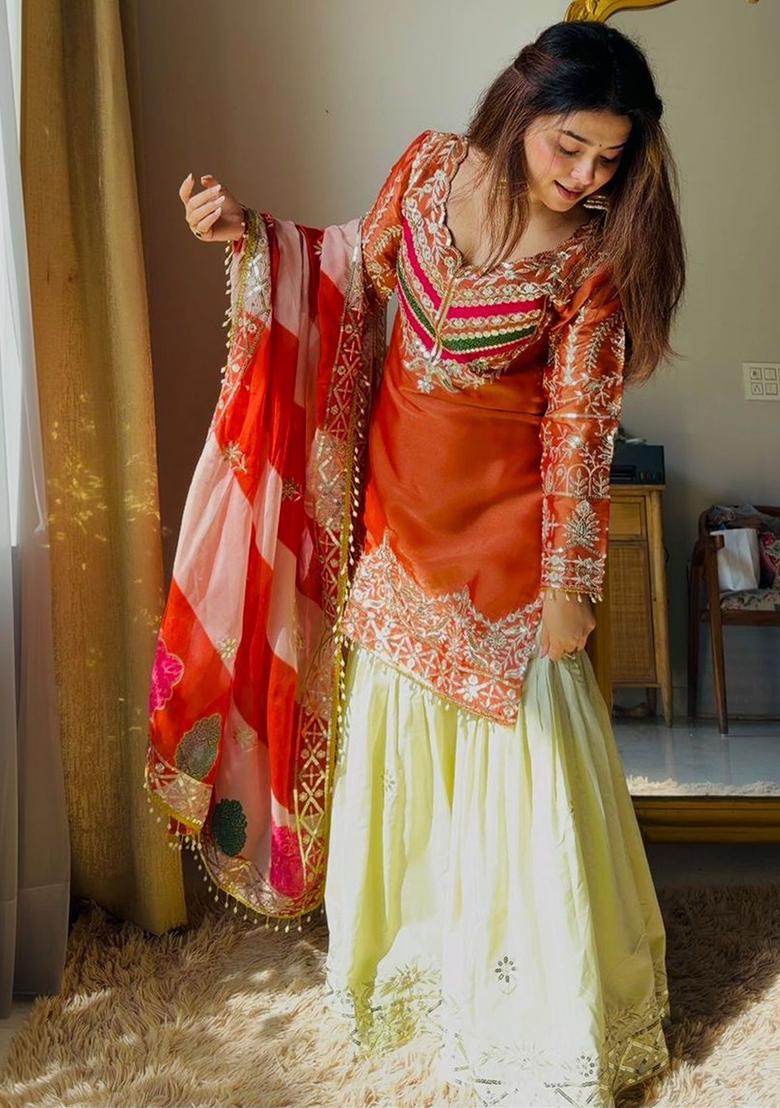 Rust Sequin Work Satin Kurta Set - Indya