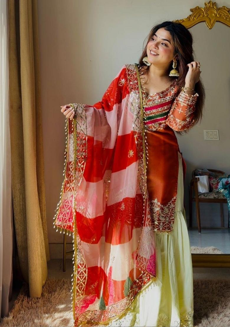 Rust Sequin Work Satin Kurta Set - Indya