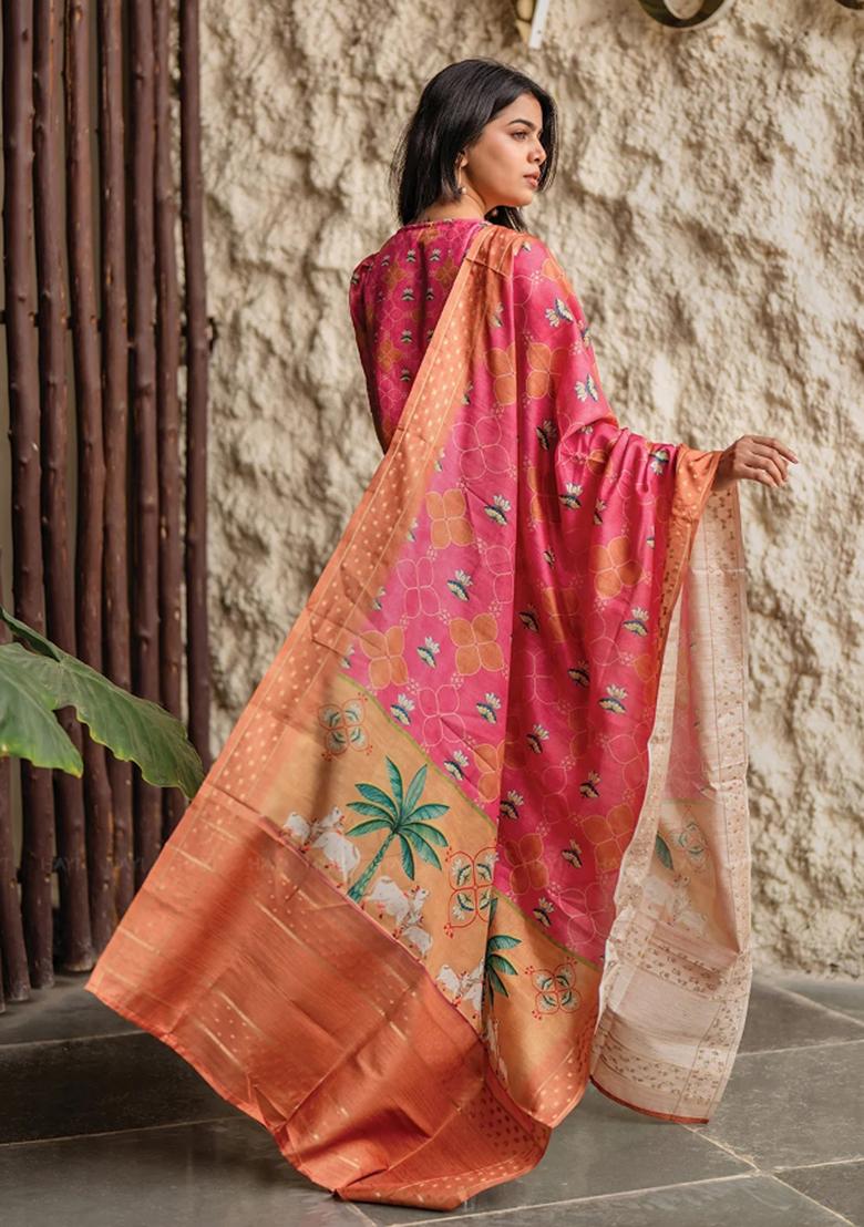 Pink Floral Print Crepe Kurta Set - Indya