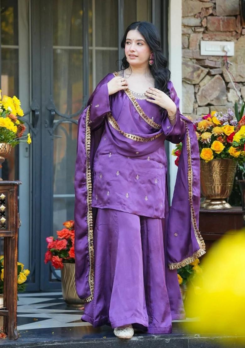 Lavender Sequin Work Crepe Kurta Set - Indya