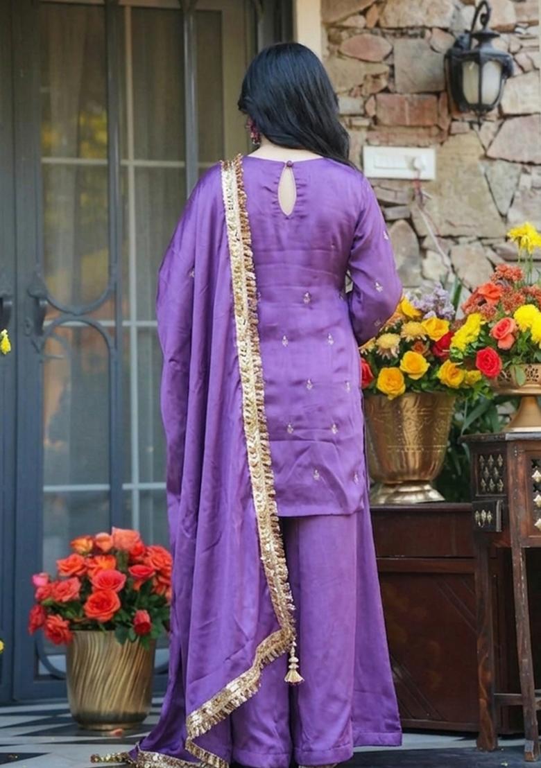 Lavender Sequin Work Crepe Kurta Set - Indya
