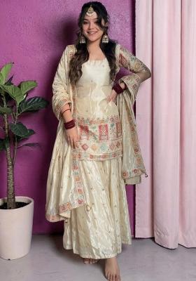 Cream Sequin Work Chinon Kurta Set