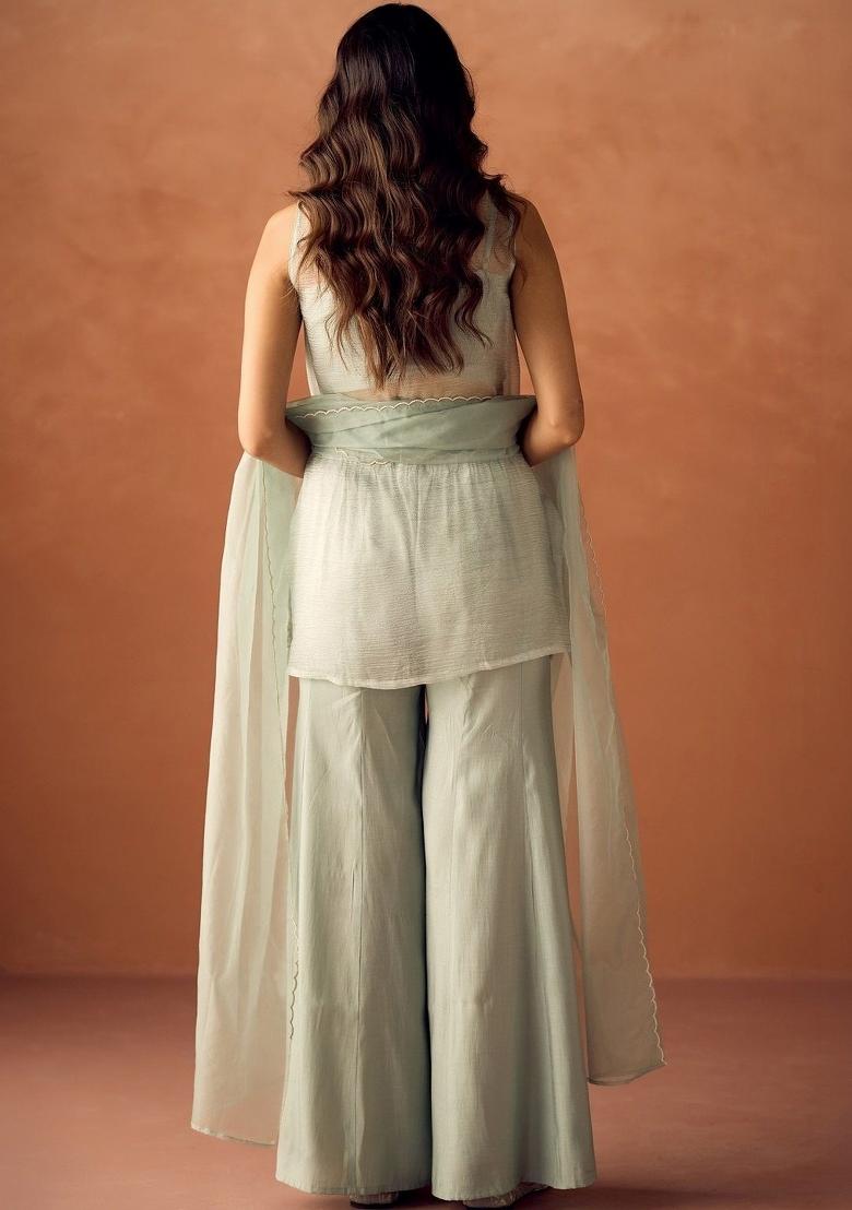 Light Green Sequin Work Silk Kurta Set - Indya
