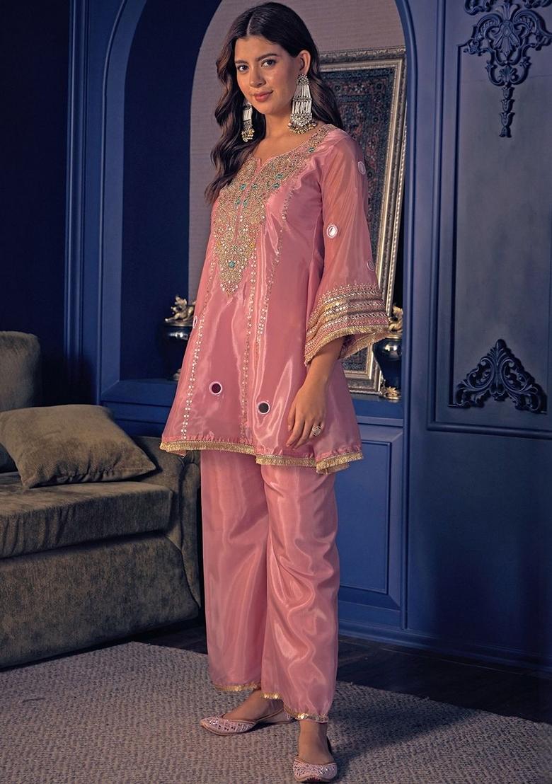 Peach Sequin Work Silk Kurta Set - Indya