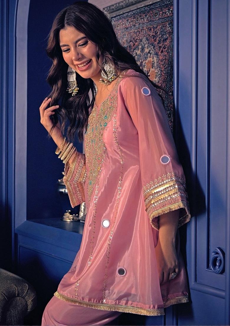 Peach Sequin Work Silk Kurta Set - Indya