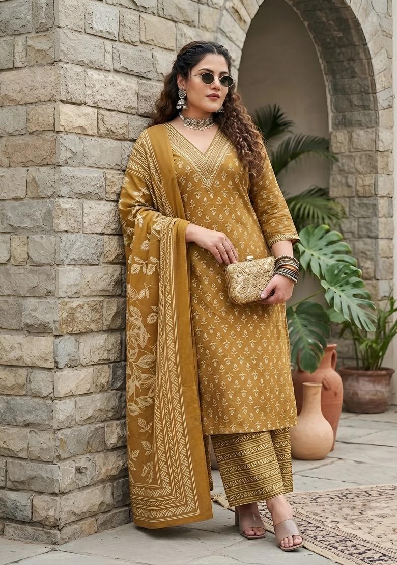 Yellow Printed Cotton Palazzo Set - Indya
