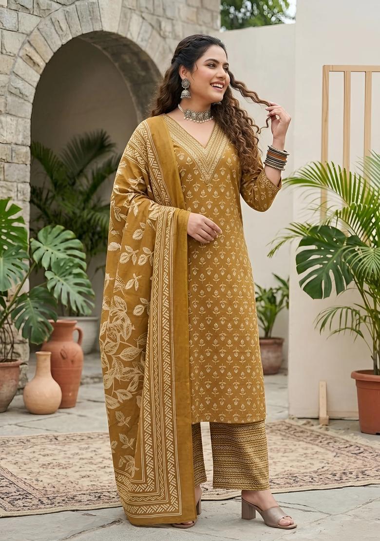 Yellow Printed Cotton Palazzo Set - Indya
