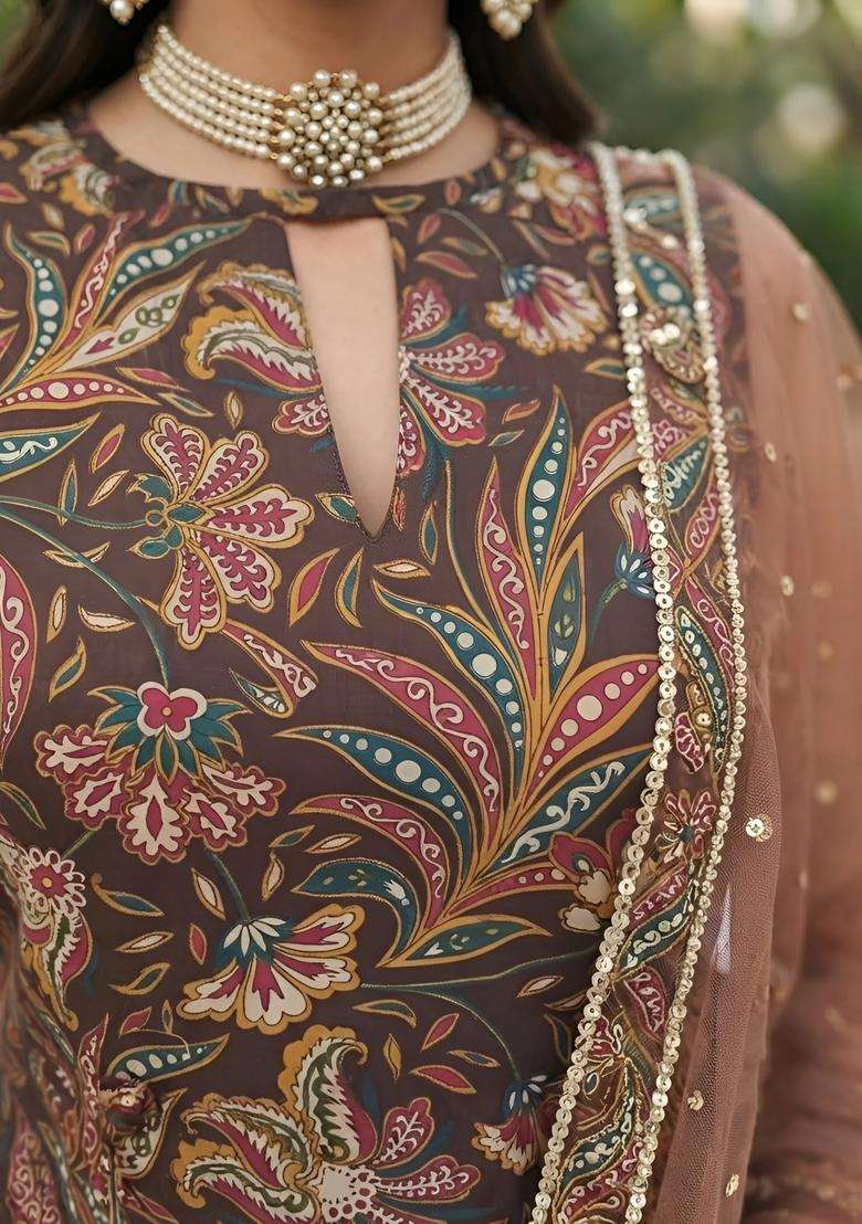 Brown Printed Cotton Sharara Set - Indya