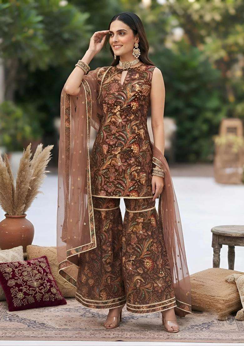 Brown Printed Cotton Sharara Set - Indya