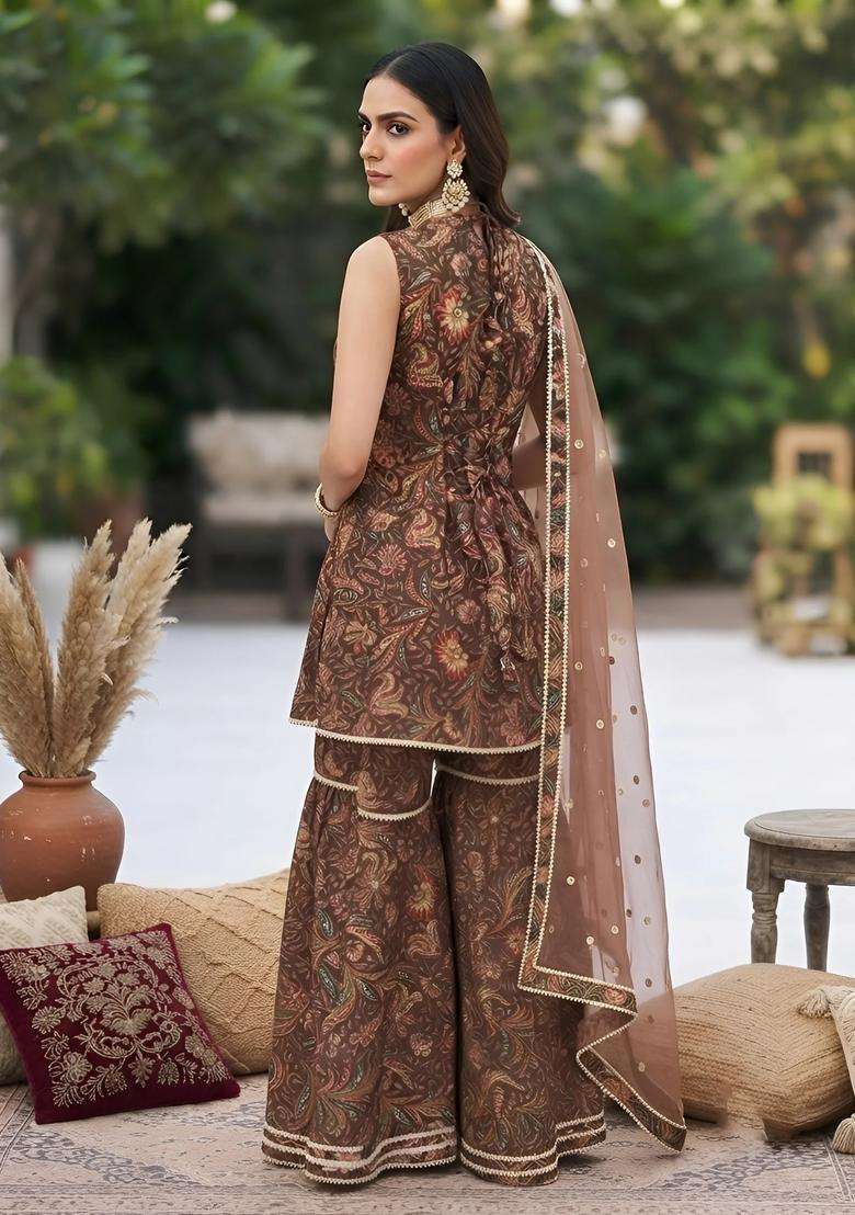 Brown Printed Cotton Sharara Set - Indya