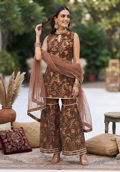 Brown Printed Cotton Sharara Set