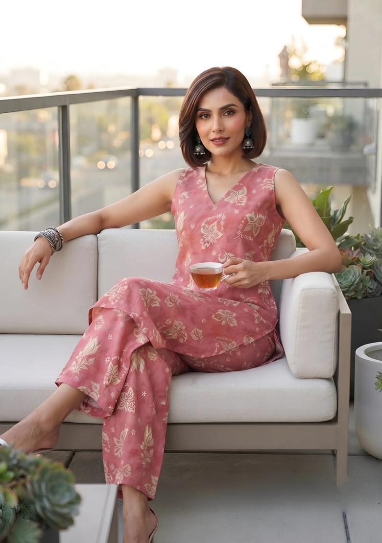 Pink Printed Cotton Co Ords Set - Indya