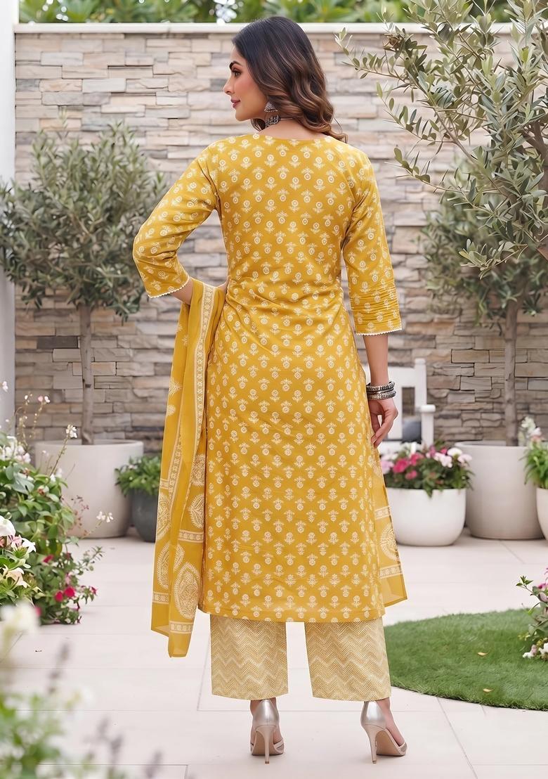 Yellow Printed Cotton Palazzo Set - Indya