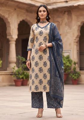 Beige Printed Cotton Kurta Set