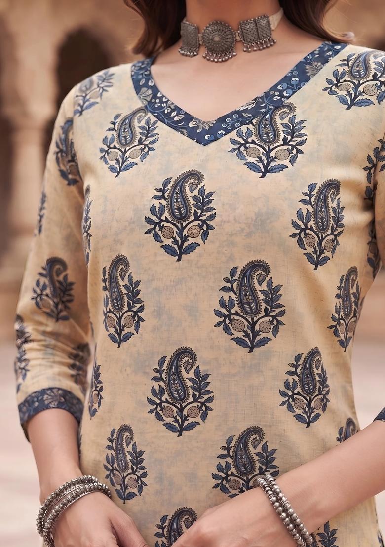 Beige Printed Cotton Kurta Set - Indya