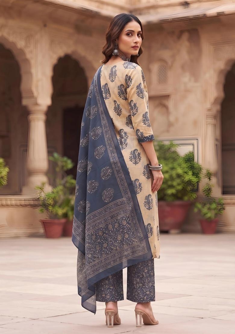 Beige Printed Cotton Kurta Set - Indya