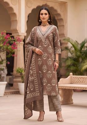 Brown Printed Cotton Kurta Set