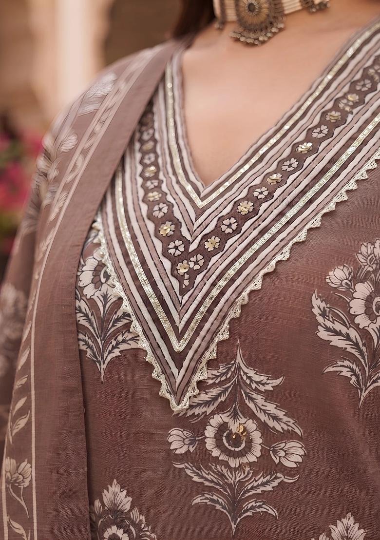 Brown Printed Cotton Kurta Set - Indya