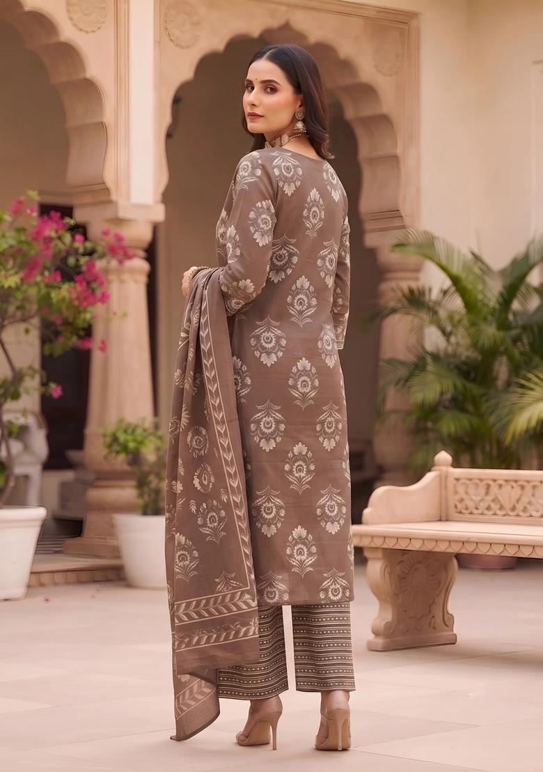 Brown Printed Cotton Kurta Set - Indya