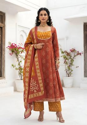 Rust Printed Cotton Kurta Set