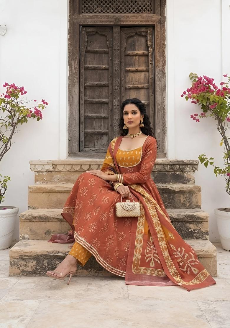 Rust Printed Cotton Kurta Set - Indya