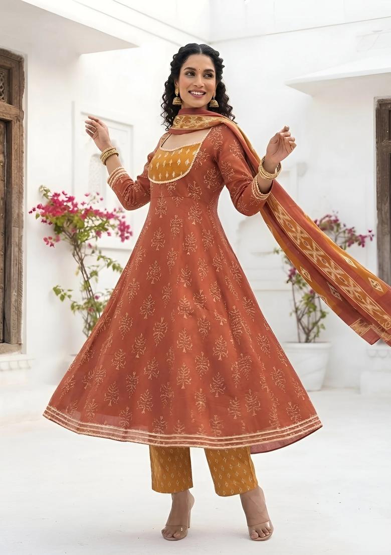 Rust Printed Cotton Kurta Set - Indya