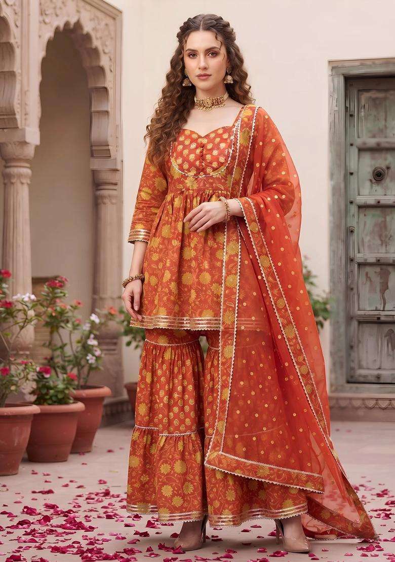 Rust Printed Cotton Sharara Set - Indya
