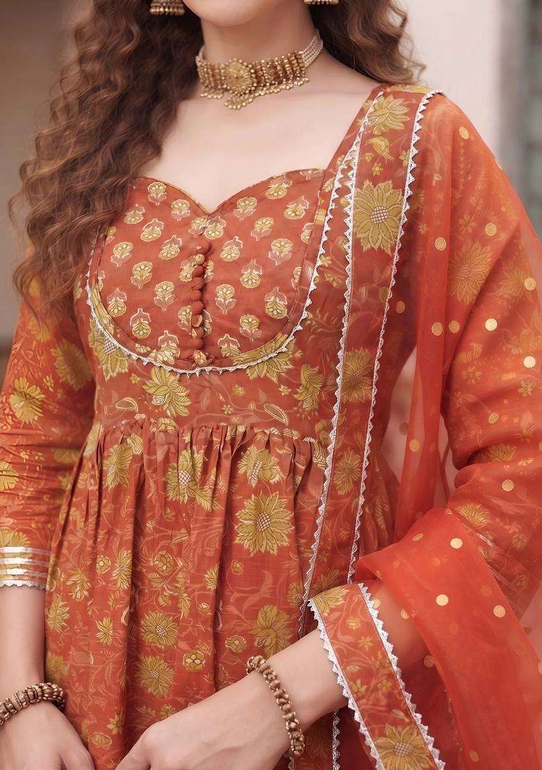 Rust Printed Cotton Sharara Set - Indya