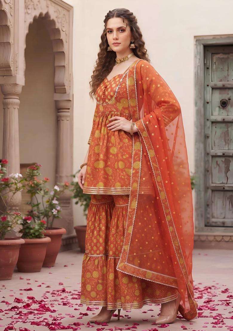 Rust Printed Cotton Sharara Set - Indya