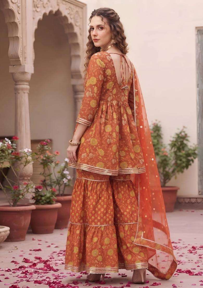 Rust Printed Cotton Sharara Set - Indya