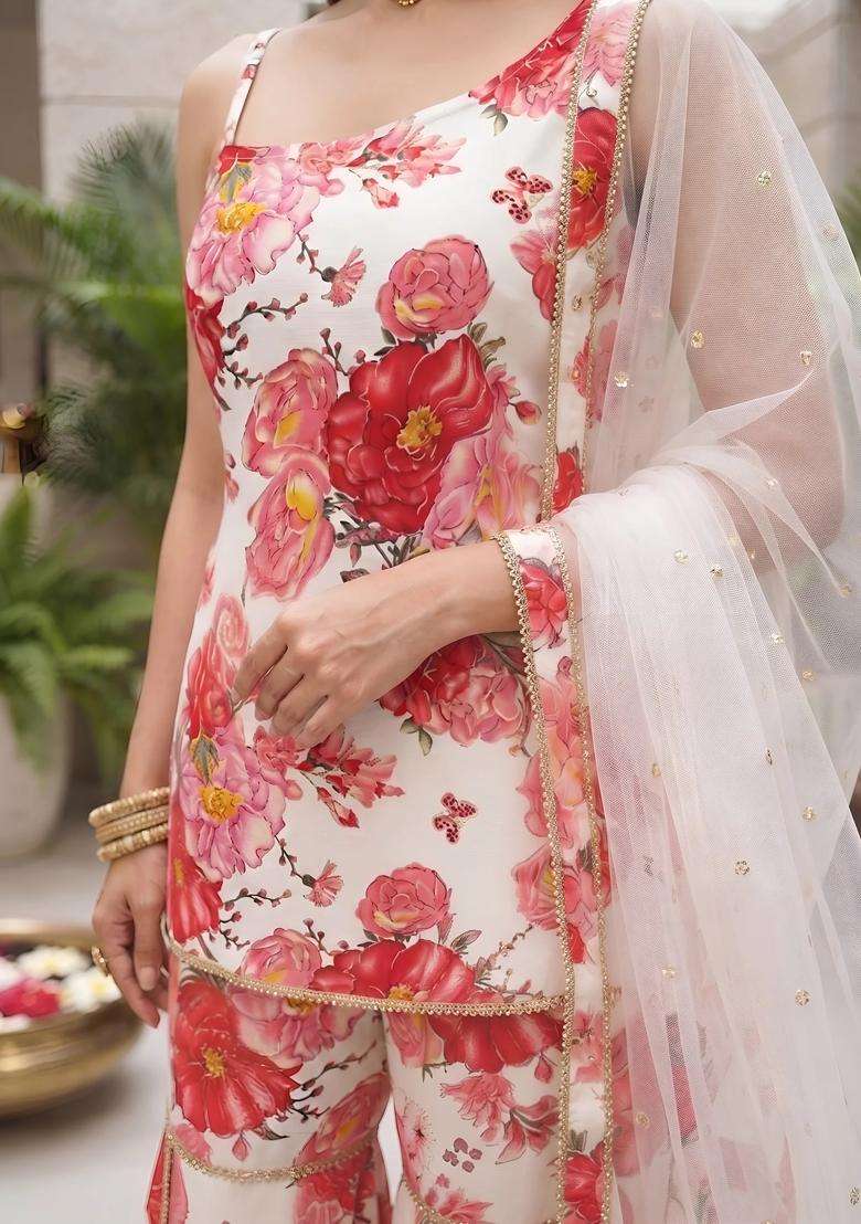 White Printed Viscose Sharara Set - Indya