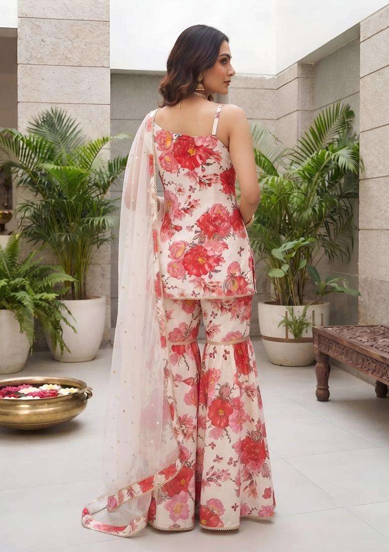 White Printed Viscose Sharara Set - Indya