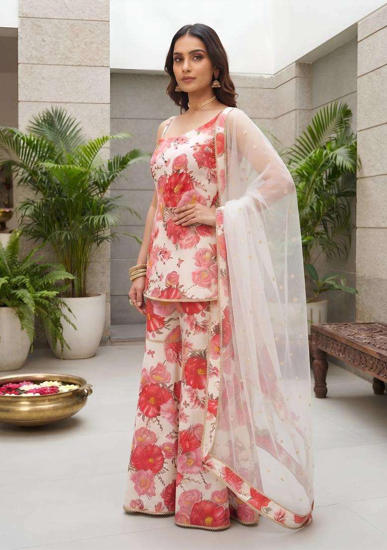 White Printed Viscose Sharara Set - Indya