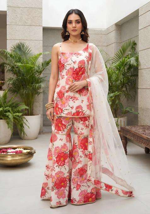 White Printed Viscose Sharara Set
