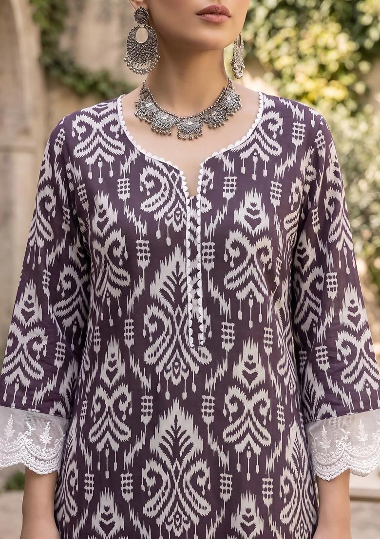 Purple Printed Cotton Kurta Set - Indya