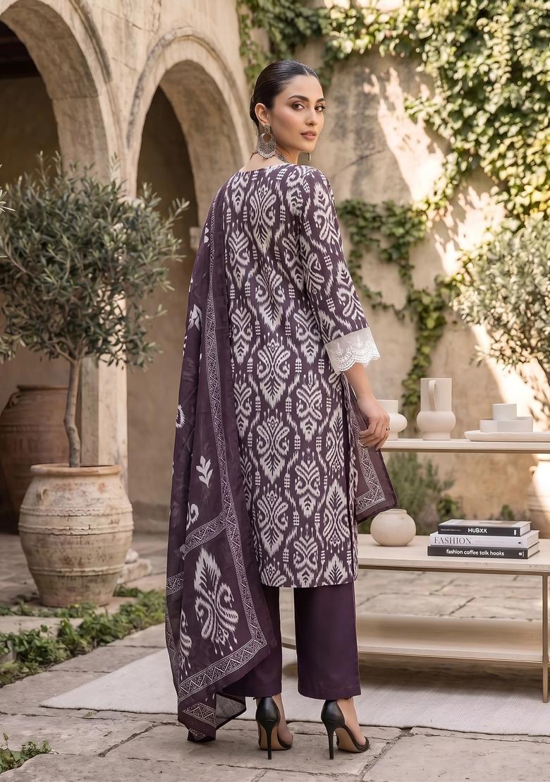 Purple Printed Cotton Kurta Set - Indya