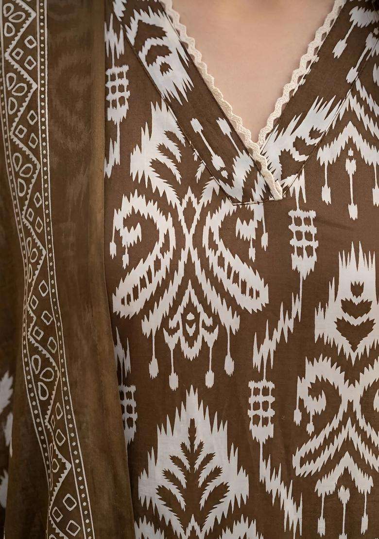 Brown Printed Cotton Palazzo Set - Indya