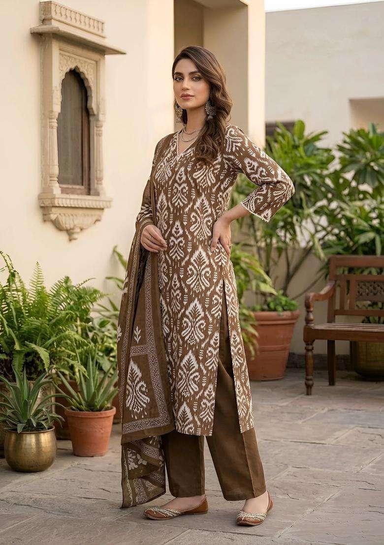 Brown Printed Cotton Palazzo Set - Indya