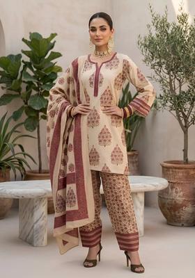 Beige Printed Cotton Kurta Set