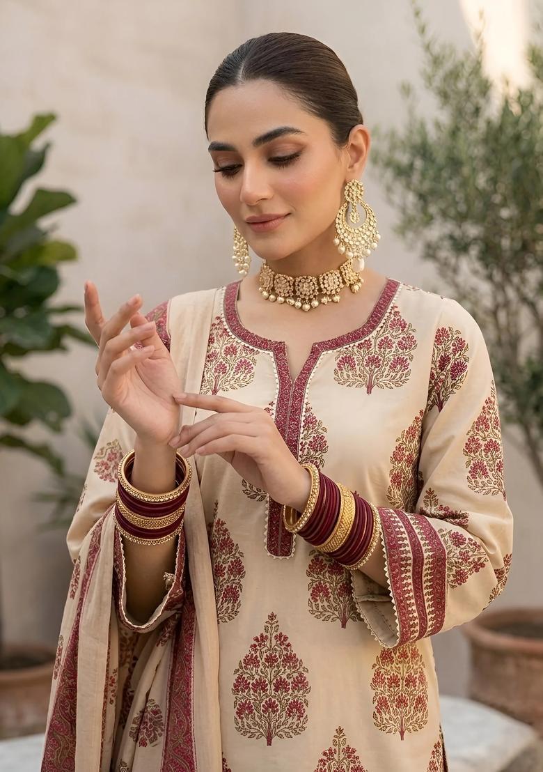 Beige Printed Cotton Kurta Set - Indya