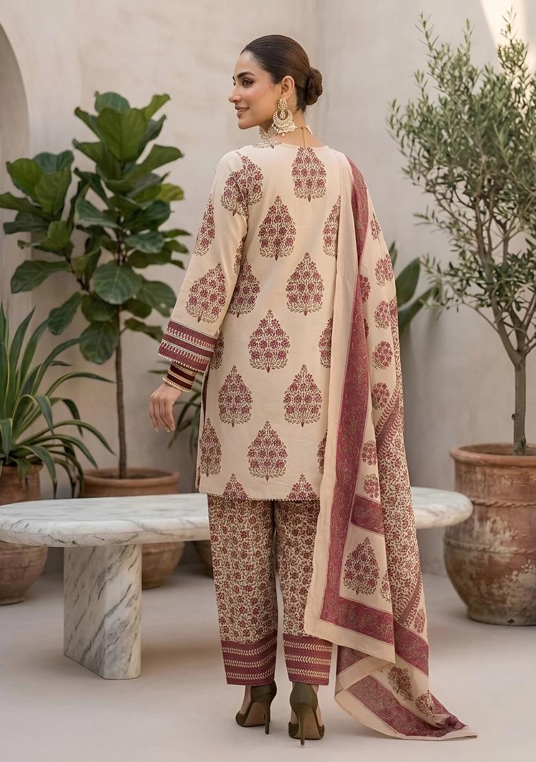 Beige Printed Cotton Kurta Set - Indya