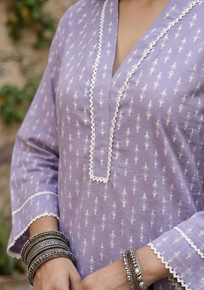Lavender Printed Cotton Co Ords Set - Indya