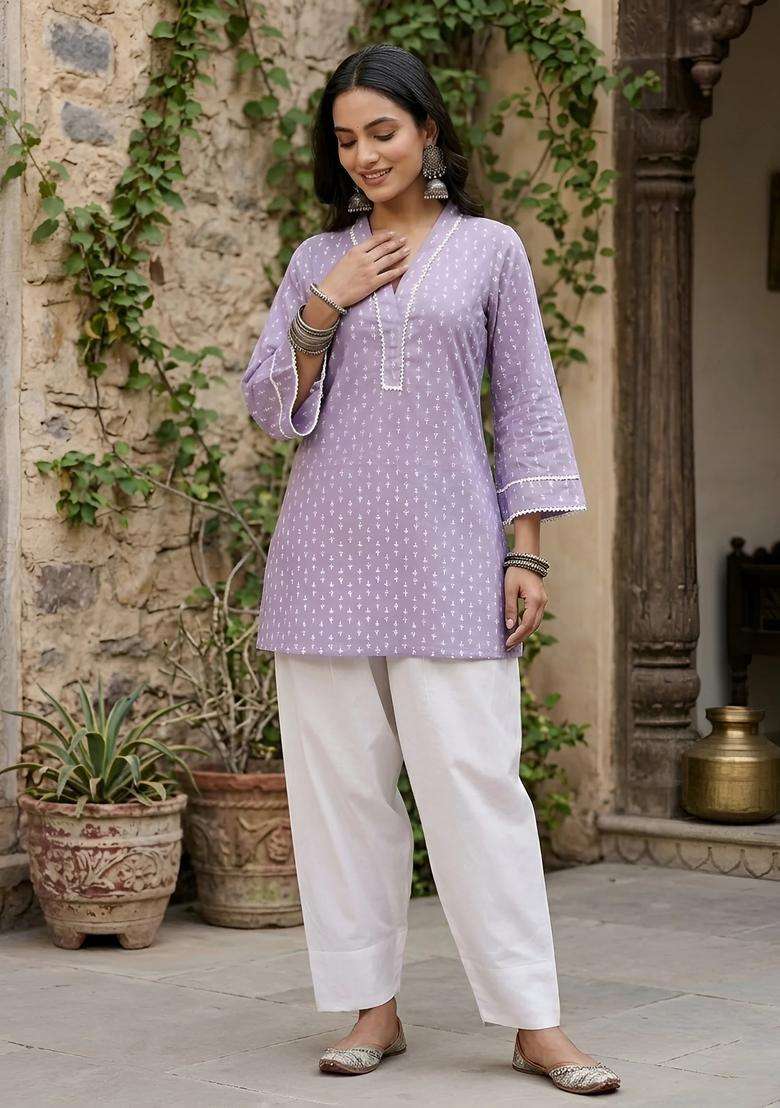 Lavender Printed Cotton Co Ords Set - Indya