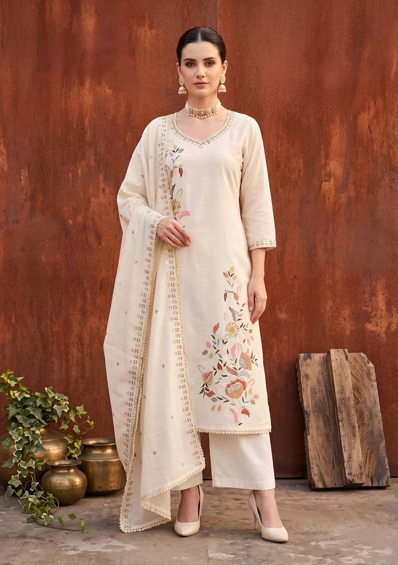 Beige Printed Cotton Kurta Set - Indya