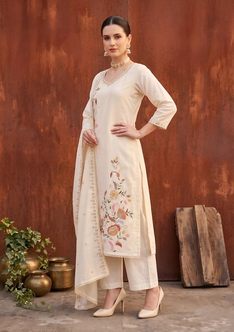 Beige Printed Cotton Kurta Set - Indya