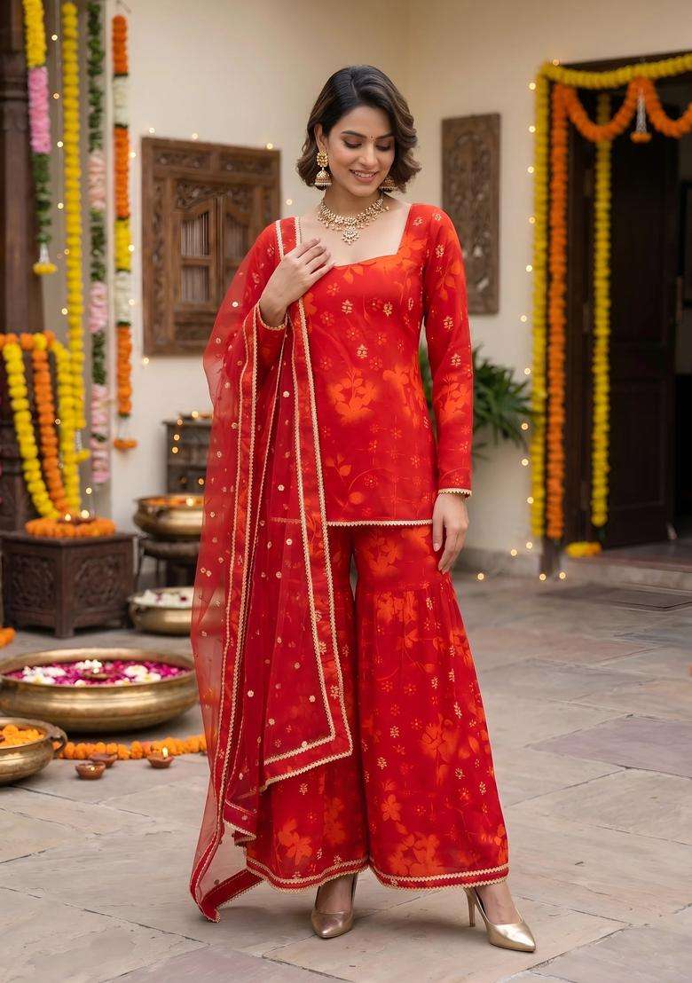 Red Printed Viscose Sharara Set - Indya
